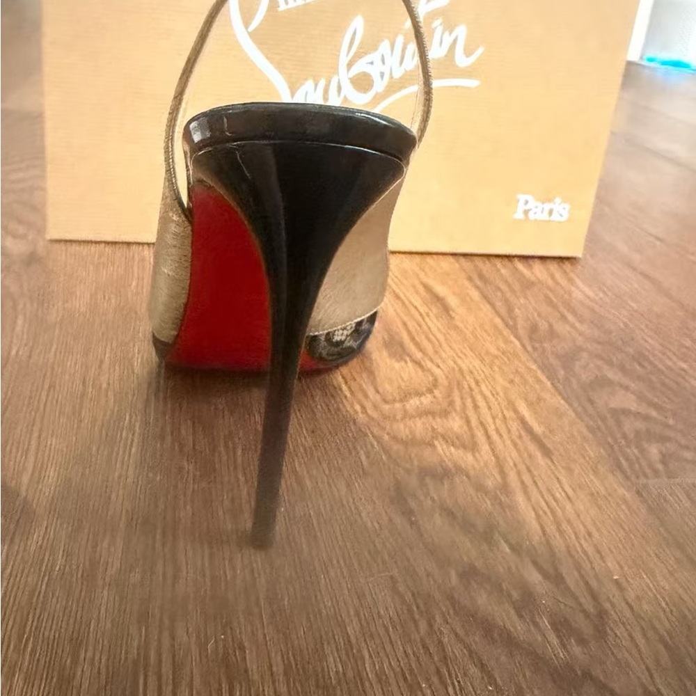 Christian Louboutin Black Lace and Metallic Gold Slingback Pumps - Picture 5 of 11